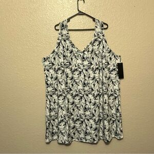 Pacific Beach Sleeveless Black & White Palm-Print V-Neck Coverup